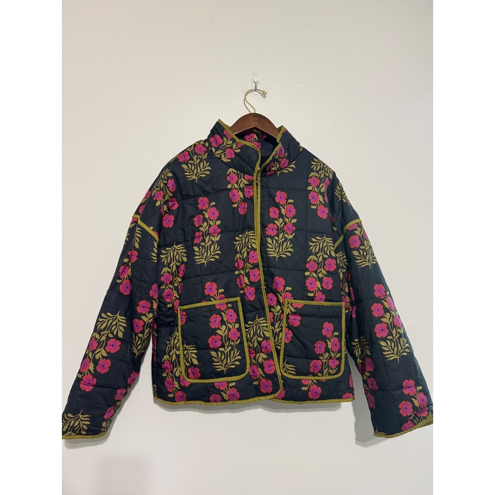 Entro Floral Quilted Jacket Navy Pink Olive Mock Neck Hook Eye J28296 Large